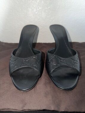 Gucci Black Leather GG Embossed Open-Toe Stiletto Mule